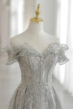 Gray tulle beads long prom dress evening gown HZ1023