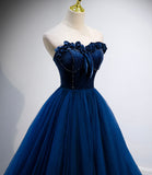 Blue velvet tulle long prom dress blue evening gown HZ1023