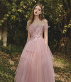Pink tulle lace long prom dress pink evening gown HZ1023