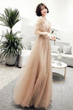 Cute tulle lace long prom dress A line evening dress HZ1023