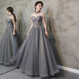 Gray tulle beads long prom gown A line evening gown HZ1023