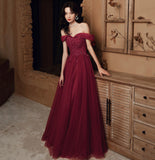 Burgundy lace beads long prom dress evening dress HZ1023