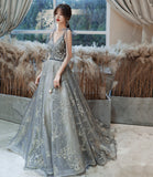 Gray tulle sequins long prom dress evening gown HZ1023