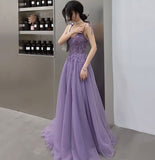 Purple tulle lace long prom dress A line evening gown HZ1023