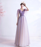 Purple v neck tulle long prom dress A line evening gown HZ1023