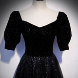 Black tulle long prom dress A line evening gown HZ1023