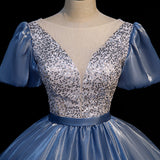 Blue satin long ball gown dress blue evening gown HZ1023