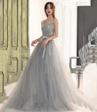 Gray tulle lace long prom dress A line evening gown HZ1023