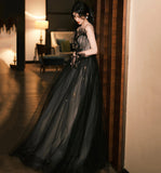 Black tulle long ball gown dress A line evening gown HZ1023
