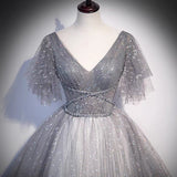 Gray tulle sequins long prom dress A line evening gown HZ1023