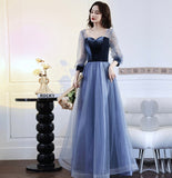 Blue vlevet tulle long prom dress A line evening gown HZ1023