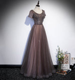 Shiny tulle beads long prom dress A line evening gown HZ1023