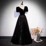 Black velvet tulle long prom dress A line evening gown HZ1023