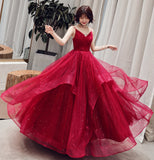 Burgundy v neck tulle long prom dress, formal dress HZ1023