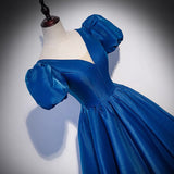 Blue saitn long prom dress A line evening gown HZ1023