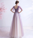 Purple v neck tulle long prom dress A line evening gown HZ1023