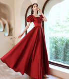 Burgundy satin long A line prom dress evening dress HZ1023