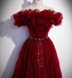 Burgundy tulle long prom dress A line evening gown HZ1023