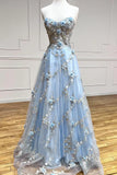 Blue lace applique elegant fantasy long prom dress a line evening gown HZ1023