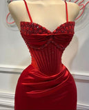 Red gorgeous exquisite fashion shiny spaghetti straps slit mermaid slim long satin ball gown evening dress party dress HZ1023