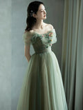 Green beautiful charming floral applique tulle long formal prom dress, evening dress, party dress HZ1023