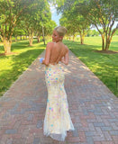 Light Yellow Shiny Floral Long Slim Fit Sequined Ball Gown Evening Dress Party Dress HZ1023