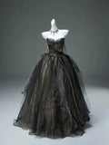 Black Gorgeous Exquisite Gold Beads Stylish Elegant Long Tulle Floor Length Ball Gown Evening Gown Princess Graduation Gown Adult Ceremony Gown HZ1023