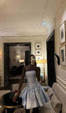 Light Blue Fashion Chic Off Shoulder A-Line Ruffle Short Satin Homecoming Dress Cocktail Party Dress Prom Dress Evening Dress HZ1023