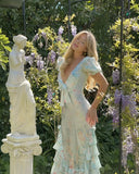 Blue floral V-neck sexy elegant long ruffled ball gown evening dress garden party dress HZ1023
