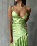 Green Fashion Simple Elegant Spaghetti Strap Long Satin Prom Dress Evening Dress Wedding Guest Party Dress Prom Dress HZ1023