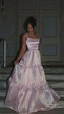 Pink Fashion Elegant Shiny A-line Spaghetti Strap Long satin Lace Ball Gown,Evening Dress,Party Dress HZ1023
