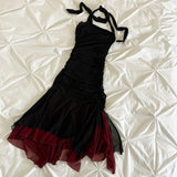 Black fashion elegant suspender long red chiffon ruffle ball gown evening dress party dress HZ1023
