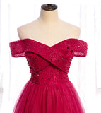 Red tulle beads long prom dress red evening dress HZ1023