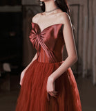 Burgundy satin tulle long prom dress A line evening dress HZ1023