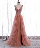 Pink v neck tulle beads prom dress A line evening dress HZ1023