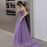 Purple tulle lace long prom dress A line evening gown HZ1023