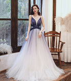 Stylish v neck tulle long A line prom dress blue evening dress HZ1023