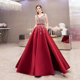 High quality v neck beads long prom dress red evening dress HZ1023