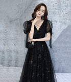 Black v neck tulle long prom dress A line evening dress HZ1023