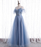 Blue tulle long A line prom dress fashion dress HZ1023
