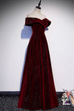 Burgundy Shiny Elegant Velvet Long A-Line Ball Gown Evening Dress HZ1023