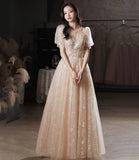 Champagne tulle sequins long prom dress evening dress HZ1023