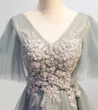 Gray tulle lace short prom dress high low evening dress HZ1023