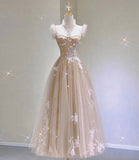 Champagne tulle lace tea length prom dress evening dress HZ1023
