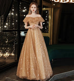Gold tulle sequins long prom dress evening dress HZ1023