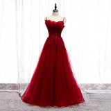 Burgundy tulle lace long prom dress HZ1023