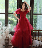 Burgundy tulle long prom dress evening gown HZ1023