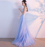 Blue tulle lace long prom dress blue evening gown HZ1023