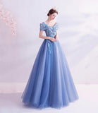 Blue tulle lace long prom dress A line formal dresses HZ1023