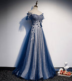 Shiny tulle sequins long prom dress blue evening dress HZ1023